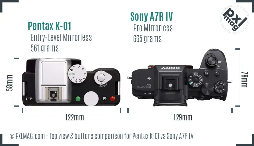 Pentax K-01 vs Sony A7R IV top view buttons comparison