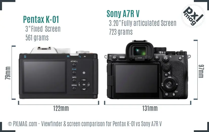 Pentax K-01 vs Sony A7R V Screen and Viewfinder comparison Pentax K-01 vs Sony A7R V Screen and Viewfinder comparison