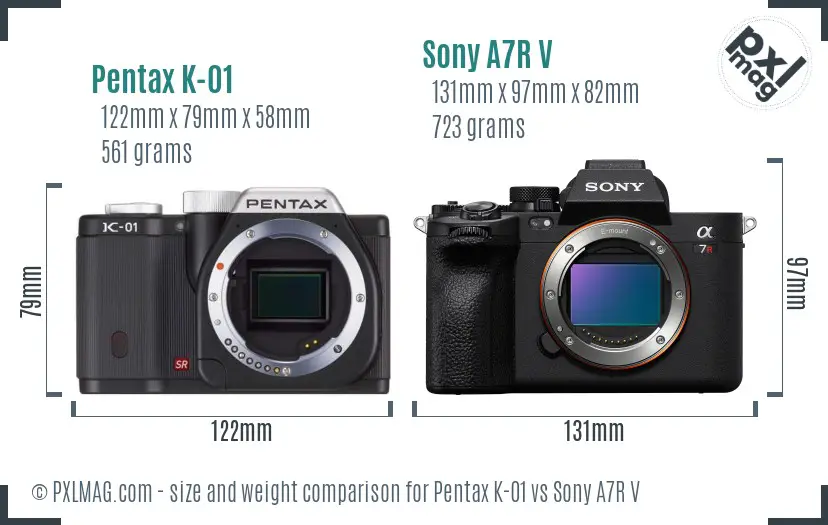 Pentax K-01 vs Sony A7R V size comparison Pentax K-01 vs Sony A7R V size comparison