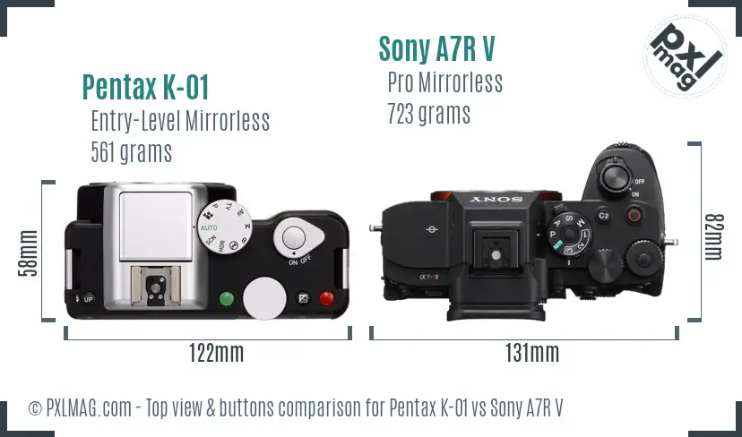 Pentax K-01 vs Sony A7R V top view buttons comparison Pentax K-01 vs Sony A7R V top view buttons comparison