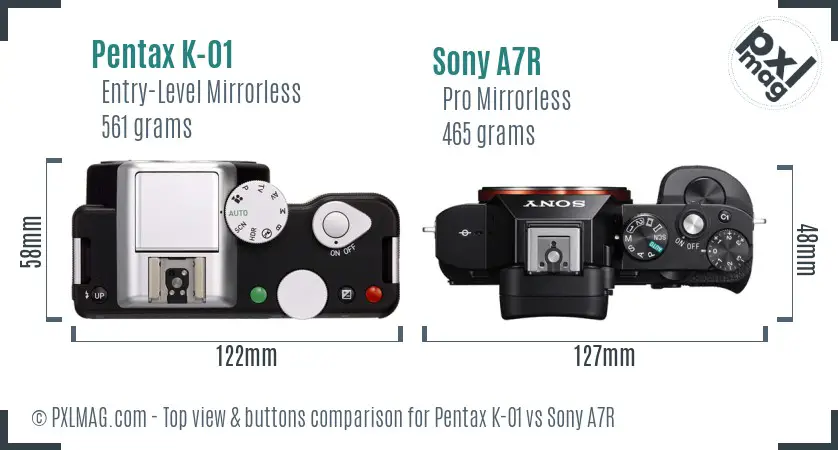Pentax K-01 vs Sony A7R top view buttons comparison