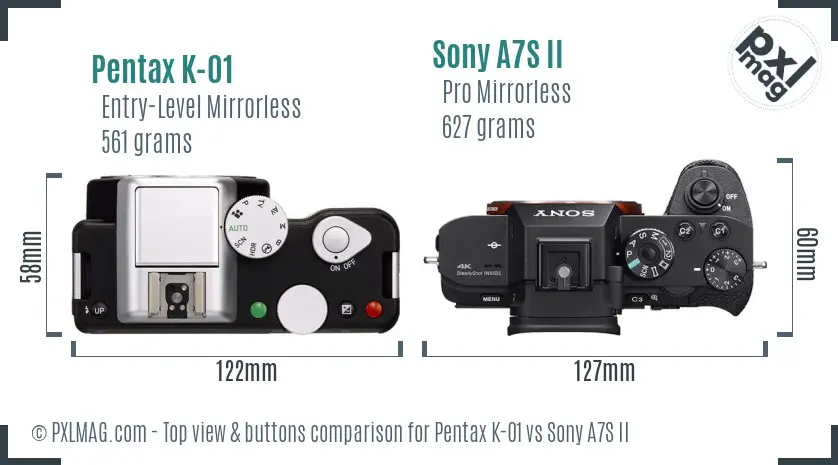 Pentax K-01 vs Sony A7S II top view buttons comparison