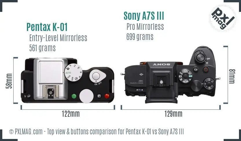 Pentax K-01 vs Sony A7S III top view buttons comparison