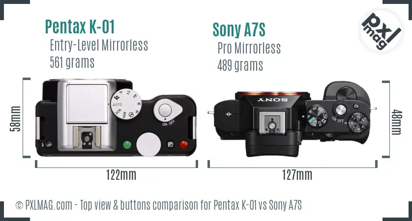 Pentax K-01 vs Sony A7S top view buttons comparison Pentax K-01 vs Sony A7S top view buttons comparison