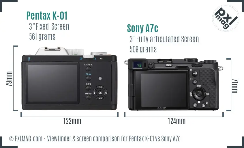 Pentax K-01 vs Sony A7c Screen and Viewfinder comparison