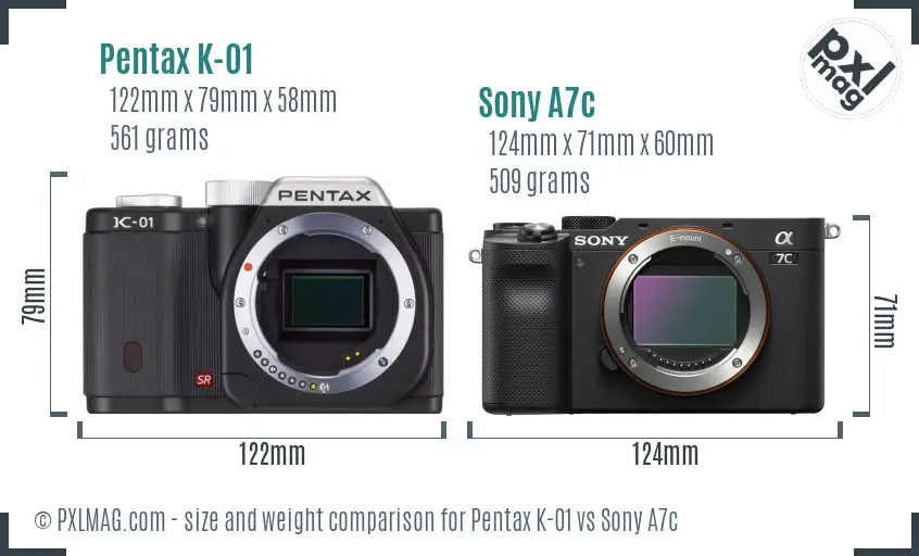 Pentax K-01 vs Sony A7c size comparison