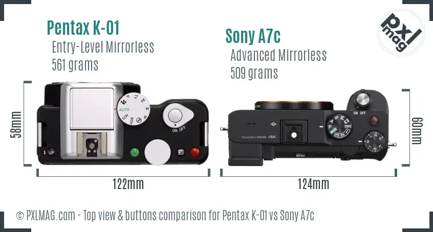 Pentax K-01 vs Sony A7c top view buttons comparison