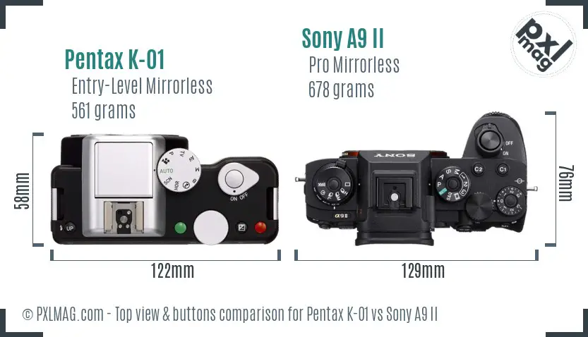 Pentax K-01 vs Sony A9 II top view buttons comparison