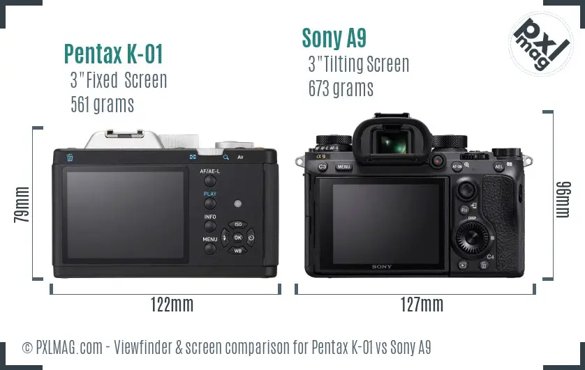 Pentax K-01 vs Sony A9 Screen and Viewfinder comparison