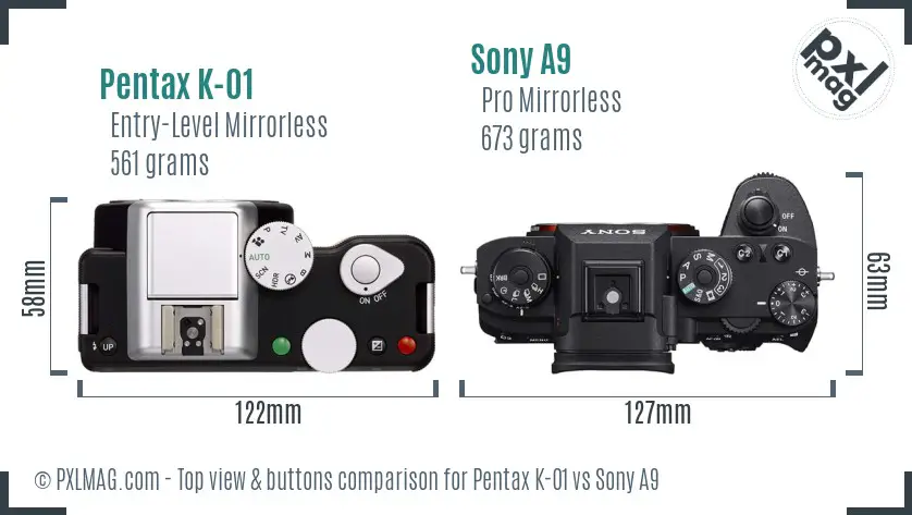 Pentax K-01 vs Sony A9 top view buttons comparison