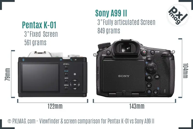 Pentax K-01 vs Sony A99 II Screen and Viewfinder comparison