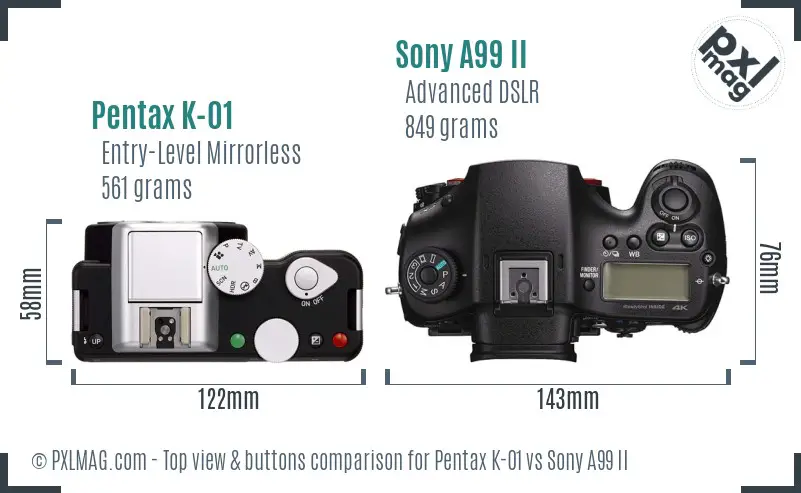 Pentax K-01 vs Sony A99 II top view buttons comparison