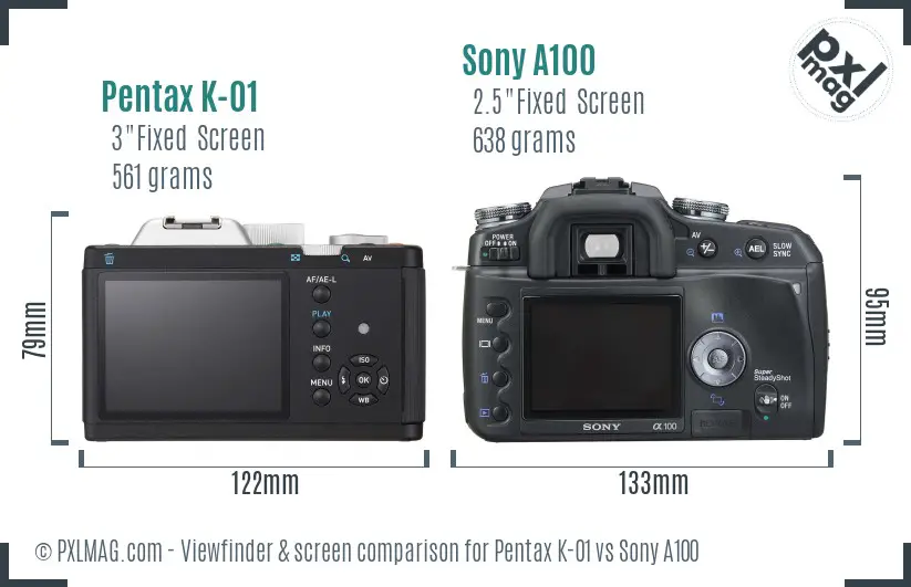 Pentax K-01 vs Sony A100 Screen and Viewfinder comparison