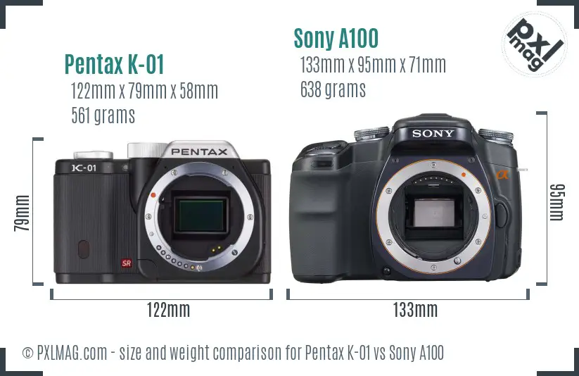 Pentax K-01 vs Sony A100 size comparison