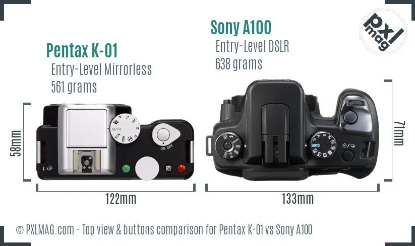 Pentax K-01 vs Sony A100 top view buttons comparison