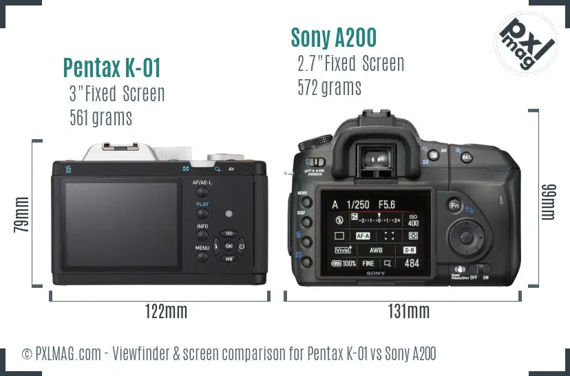 Pentax K-01 vs Sony A200 Screen and Viewfinder comparison