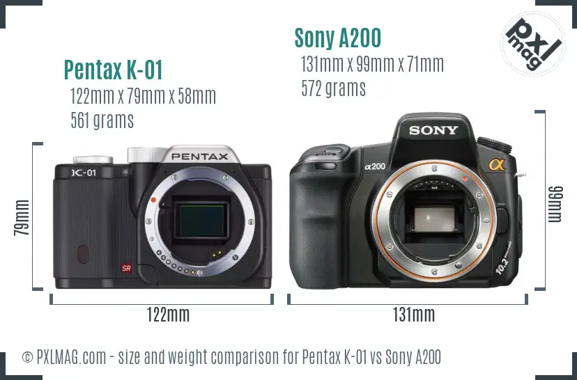 Pentax K-01 vs Sony A200 size comparison