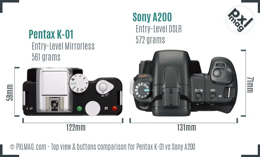 Pentax K-01 vs Sony A200 top view buttons comparison