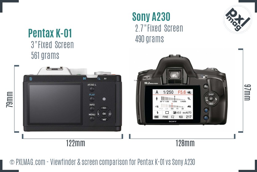 Pentax K-01 vs Sony A230 Screen and Viewfinder comparison