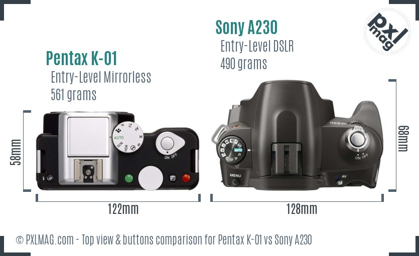 Pentax K-01 vs Sony A230 top view buttons comparison