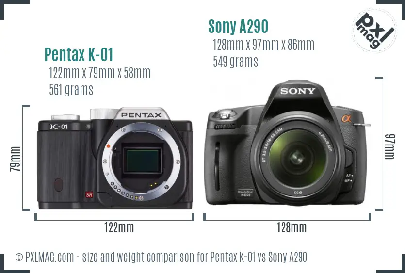 Pentax K-01 vs Sony A290 size comparison