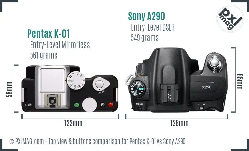 Pentax K-01 vs Sony A290 top view buttons comparison