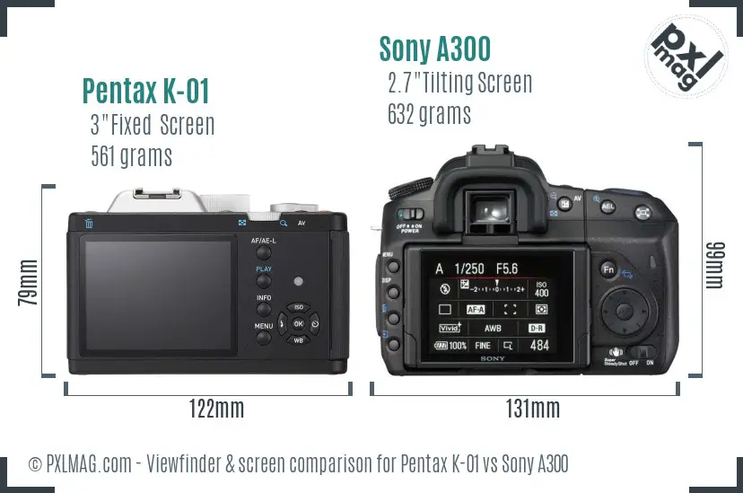 Pentax K-01 vs Sony A300 Screen and Viewfinder comparison