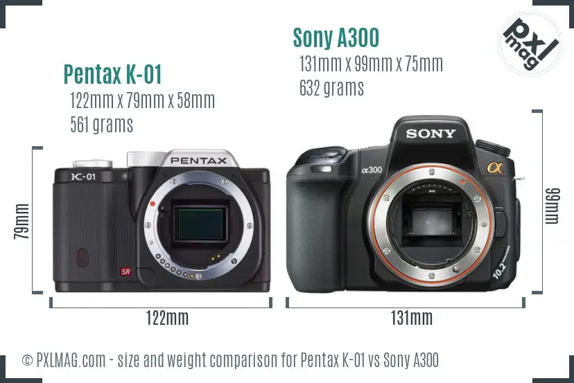 Pentax K-01 vs Sony A300 size comparison