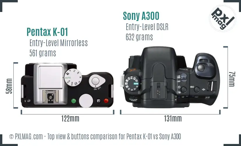 Pentax K-01 vs Sony A300 top view buttons comparison