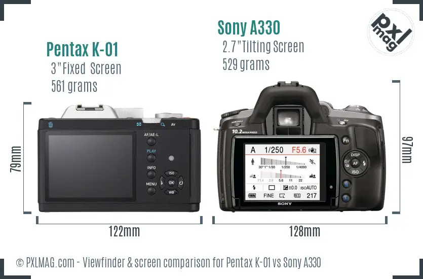 Pentax K-01 vs Sony A330 Screen and Viewfinder comparison Pentax K-01 vs Sony A330 Screen and Viewfinder comparison