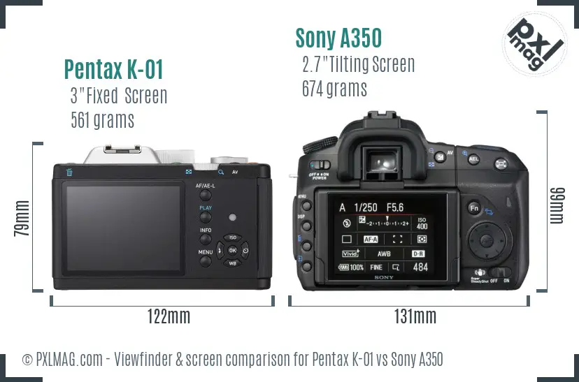 Pentax K-01 vs Sony A350 Screen and Viewfinder comparison