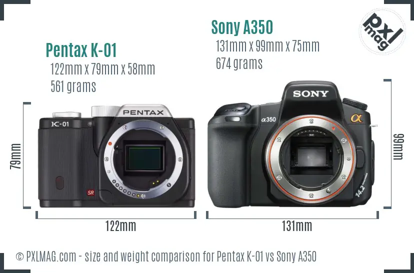 Pentax K-01 vs Sony A350 size comparison