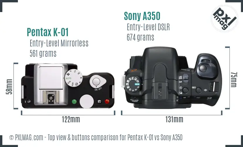 Pentax K-01 vs Sony A350 top view buttons comparison