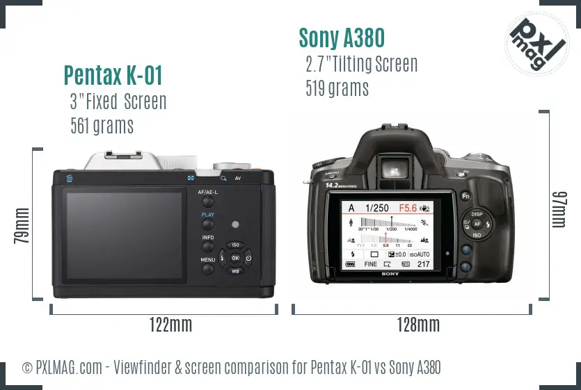 Pentax K-01 vs Sony A380 Screen and Viewfinder comparison