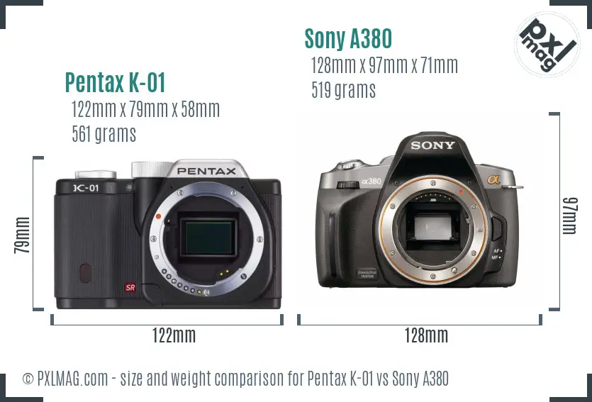 Pentax K-01 vs Sony A380 size comparison