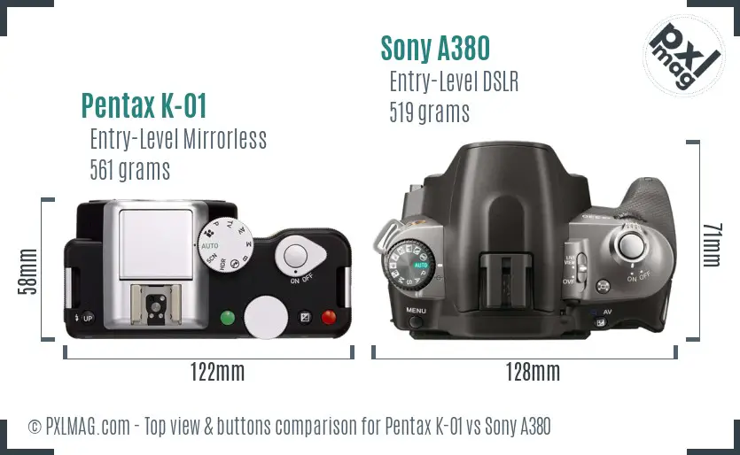 Pentax K-01 vs Sony A380 top view buttons comparison