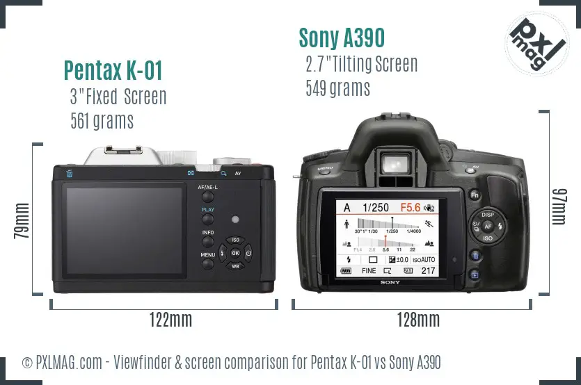 Pentax K-01 vs Sony A390 Screen and Viewfinder comparison