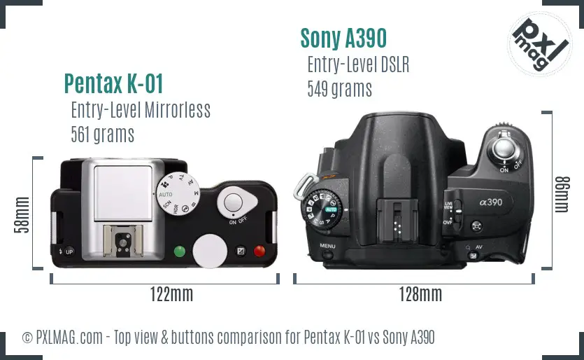 Pentax K-01 vs Sony A390 top view buttons comparison