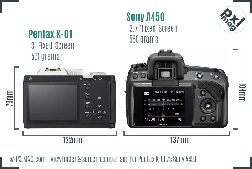 Pentax K-01 vs Sony A450 Screen and Viewfinder comparison