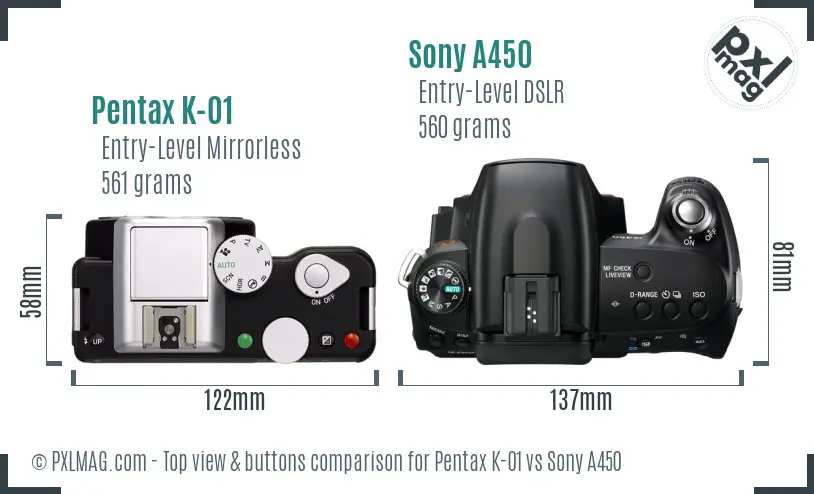 Pentax K-01 vs Sony A450 top view buttons comparison