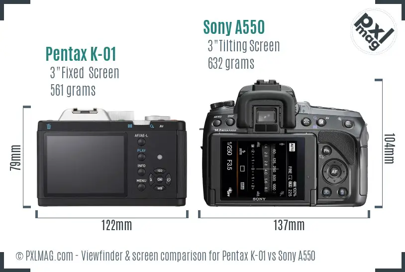 Pentax K-01 vs Sony A550 Screen and Viewfinder comparison