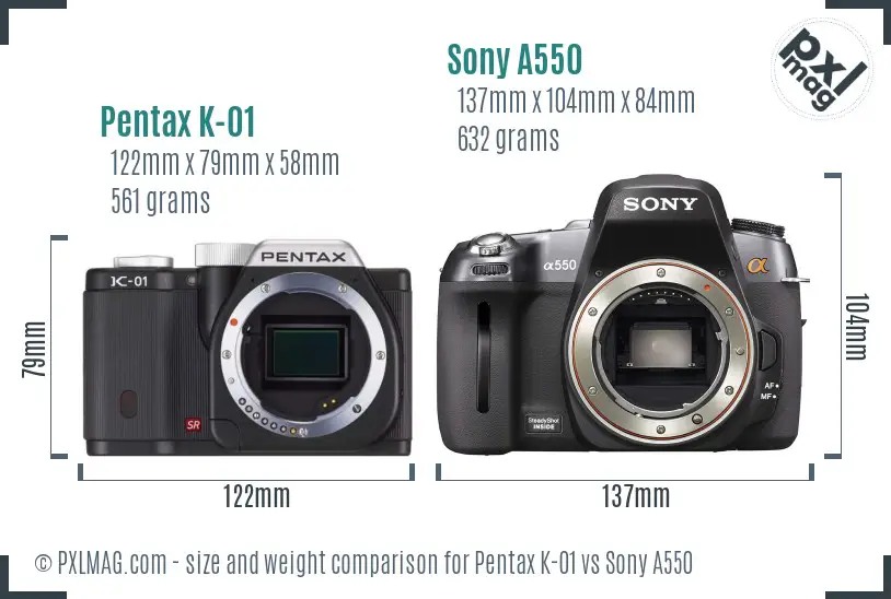 Pentax K-01 vs Sony A550 size comparison