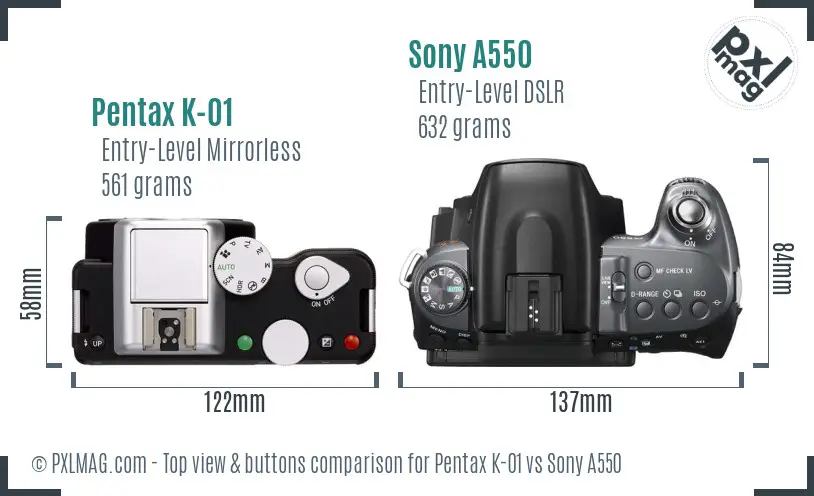 Pentax K-01 vs Sony A550 top view buttons comparison