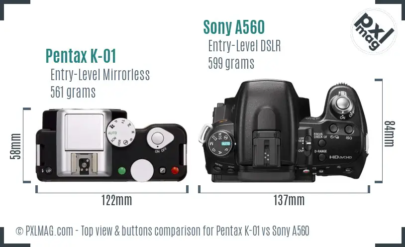 Pentax K-01 vs Sony A560 top view buttons comparison