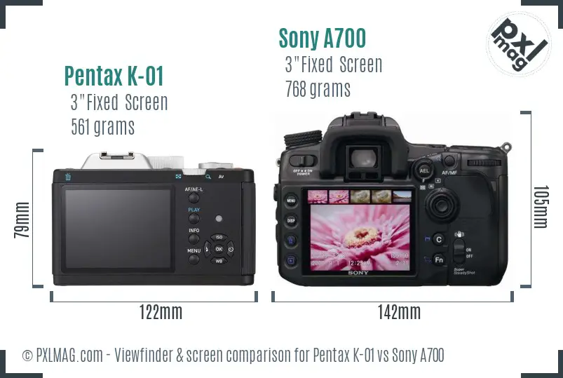Pentax K-01 vs Sony A700 Screen and Viewfinder comparison Pentax K-01 vs Sony A700 Screen and Viewfinder comparison