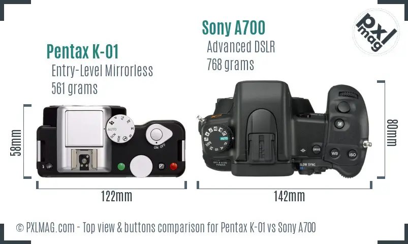 Pentax K-01 vs Sony A700 top view buttons comparison