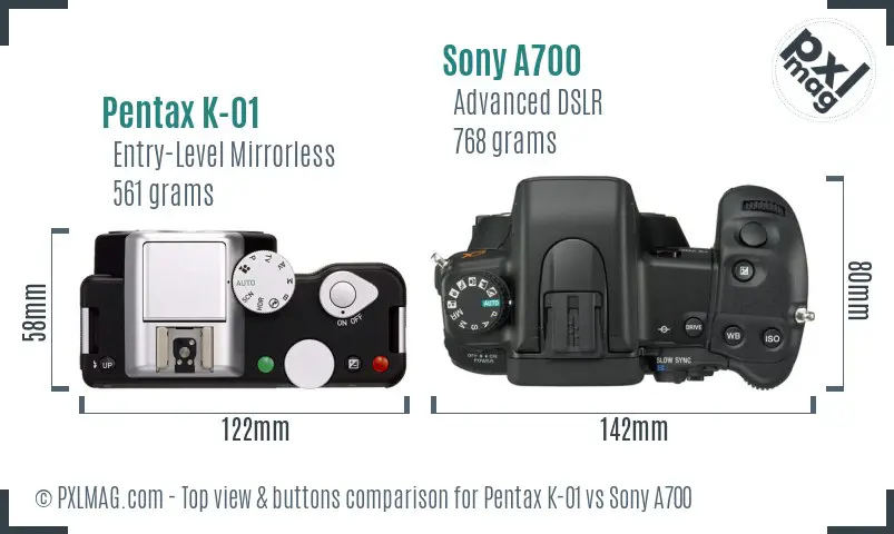 Pentax K-01 vs Sony A700 top view buttons comparison Pentax K-01 vs Sony A700 top view buttons comparison