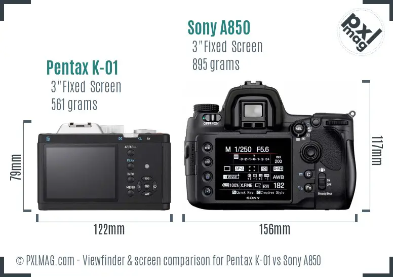 Pentax K-01 vs Sony A850 Screen and Viewfinder comparison Pentax K-01 vs Sony A850 Screen and Viewfinder comparison