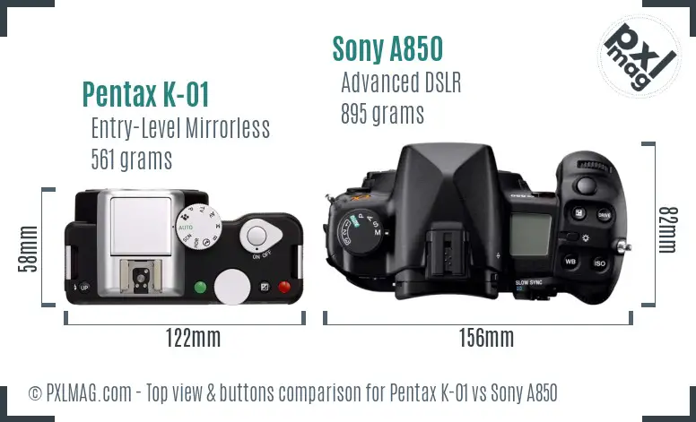 Pentax K-01 vs Sony A850 top view buttons comparison Pentax K-01 vs Sony A850 top view buttons comparison