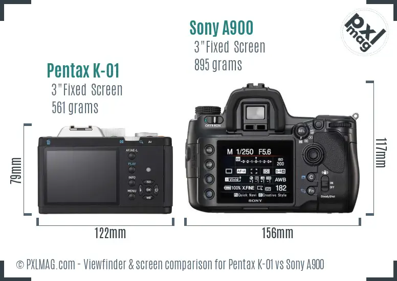 Pentax K-01 vs Sony A900 Screen and Viewfinder comparison